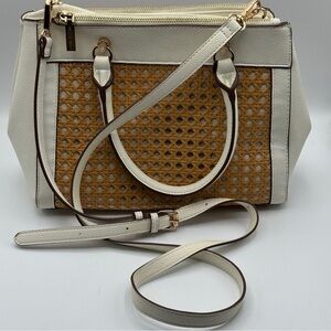Anne Klein Woven Satchel Tan White Cane Style Handbag Crossbody Purse